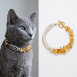 golden sunlight natural citrine & pearl pet collar | luxury double layer cat collar for blue cats