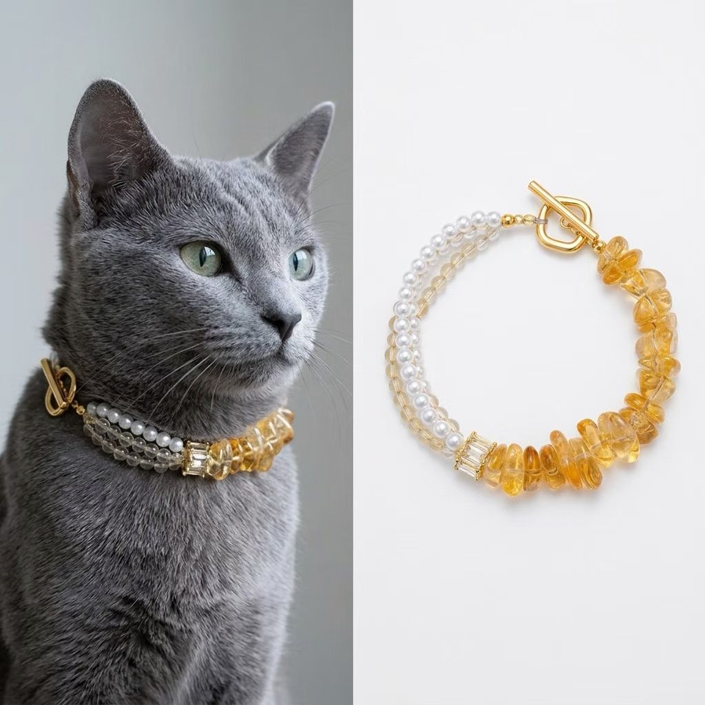golden sunlight natural citrine & pearl pet collar | luxury double layer cat collar for blue cats golden sunlight natural citrine & pearl pet collar | luxury double layer cat collar for blue cats
