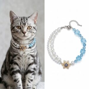 snow crystal snowflake & pearl pet collar | luxury ice blue cat collar for american shorthair