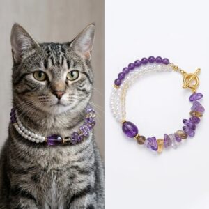 amethyst secret natural amethyst & pearl pet collar | luxury double layer cat collar for american shorthair