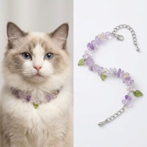 purple flower secret natural amethyst chip pet collar | forest style flower cat collar for ragdoll cats